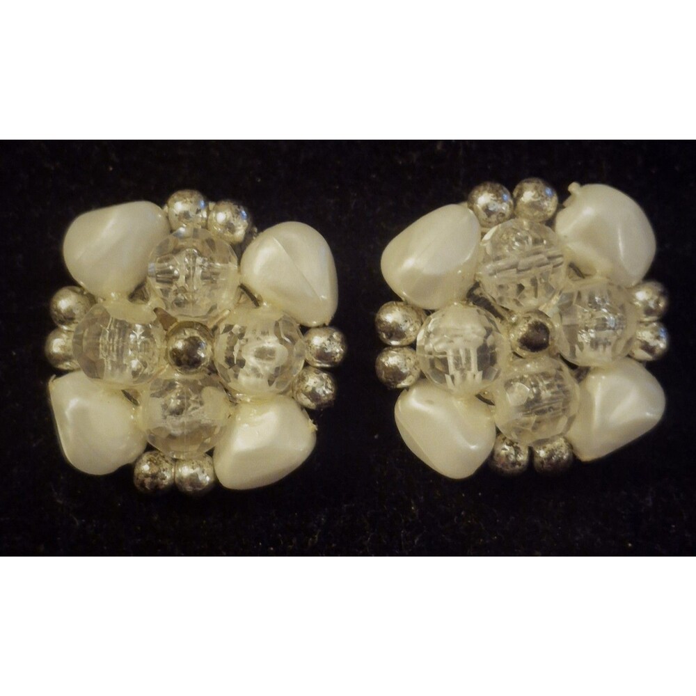 Vintage clip On  earrings Square Faux Pearl Clear And Silver Beads